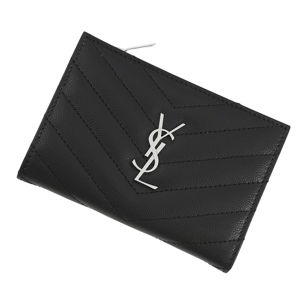 Saint Laurent Paris Bi fold Wallet V stitch Compact Leather Black